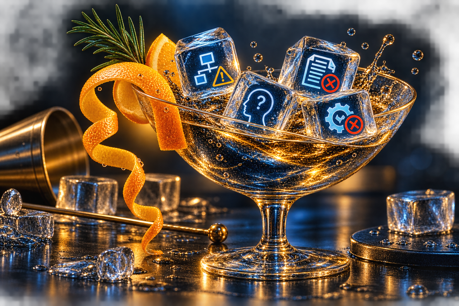 Cinematic crystal cocktail with four symbolic ice cubes representing twenty years of accumulated ERP challenges