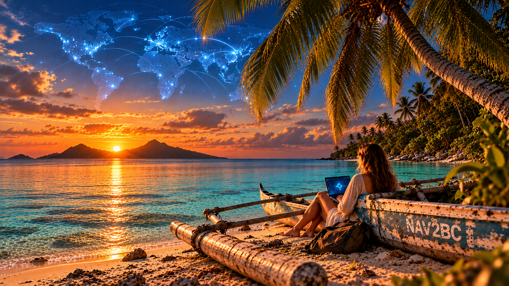 NAV2BC Culture — tropical lagoon, outrigger canoe and global connectivity