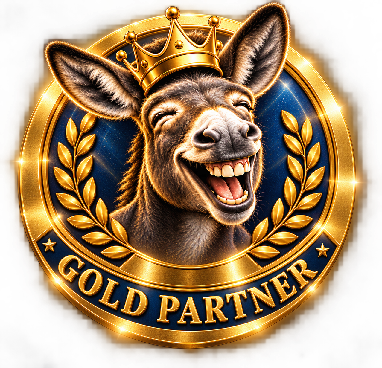 Satirical gold badge depicting a crowned donkey