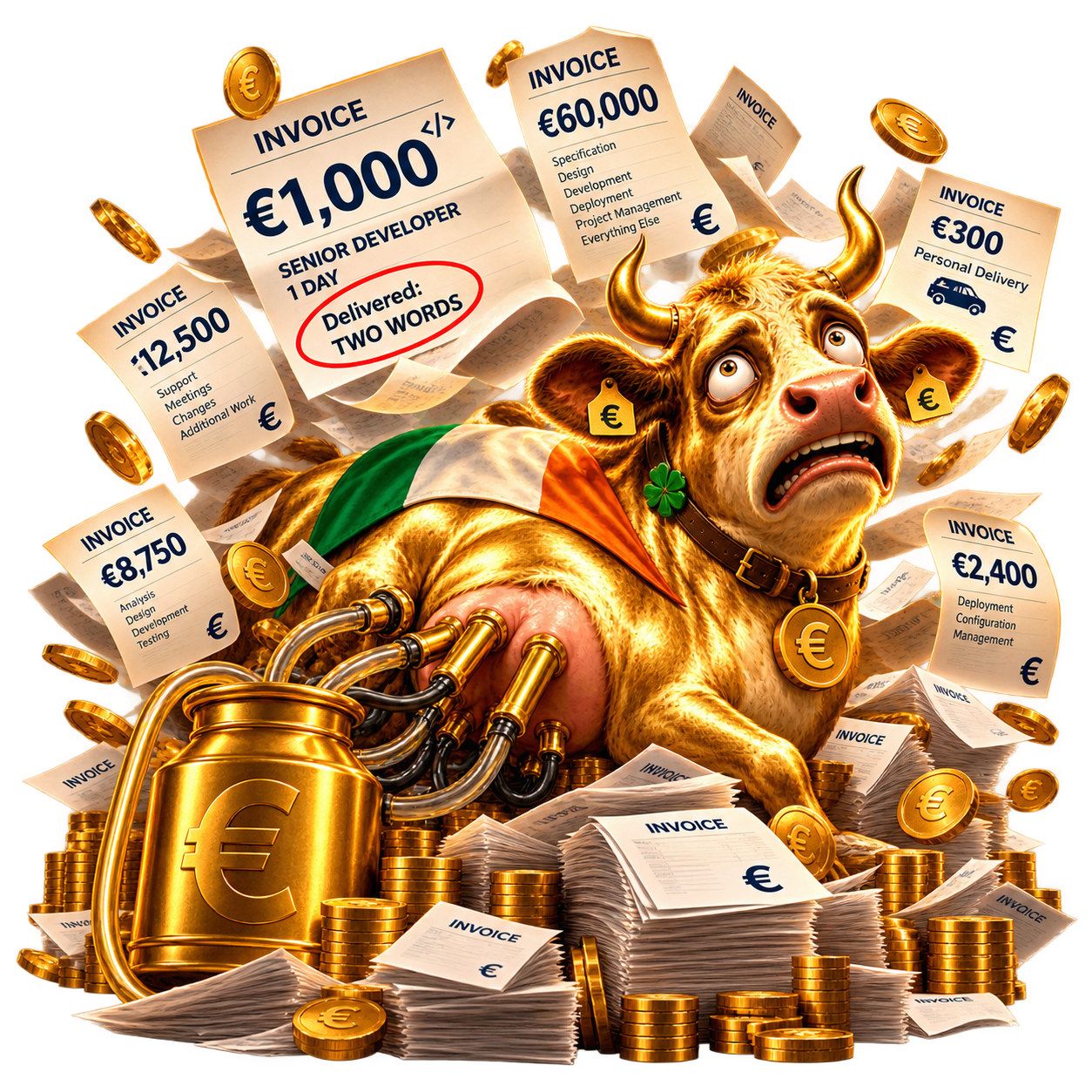 Satirical golden cash cow surrounded by invoices and a milking machine