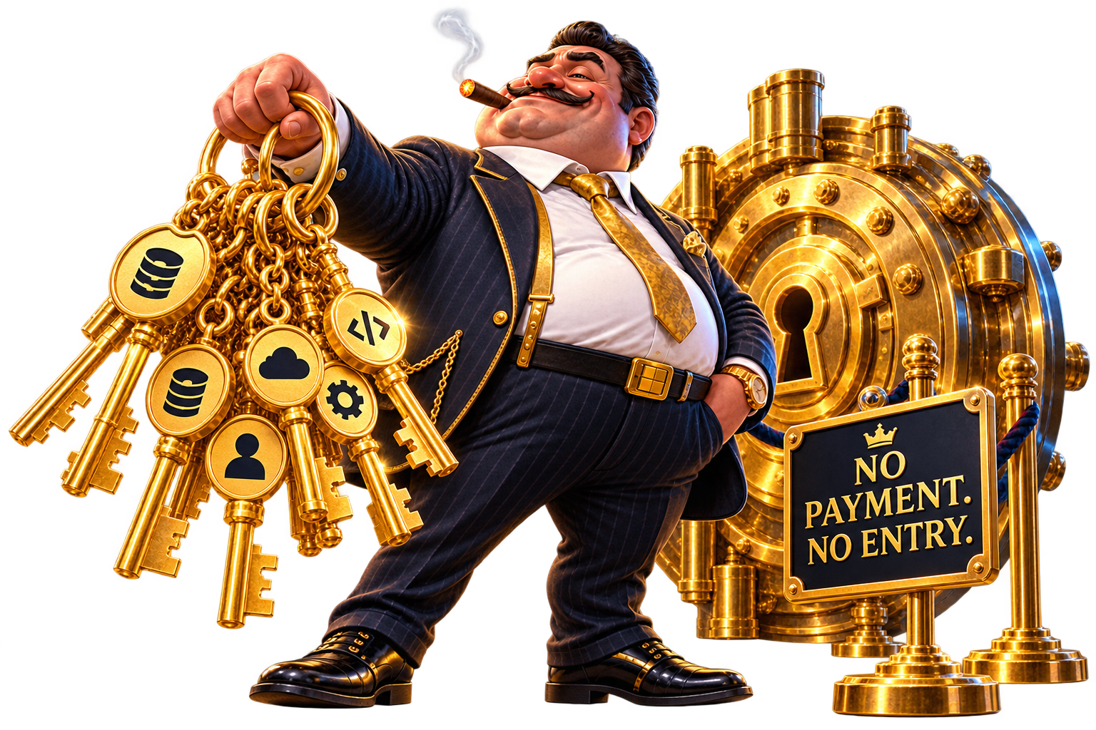 Fictional golden locksmith holding the keys to an ERP vault